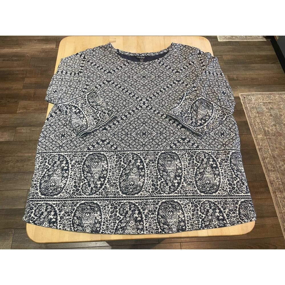 Lucky Brand White Navy Blue Paisley Geometric 3/4 Sleeve Top 2X Cotton Blend